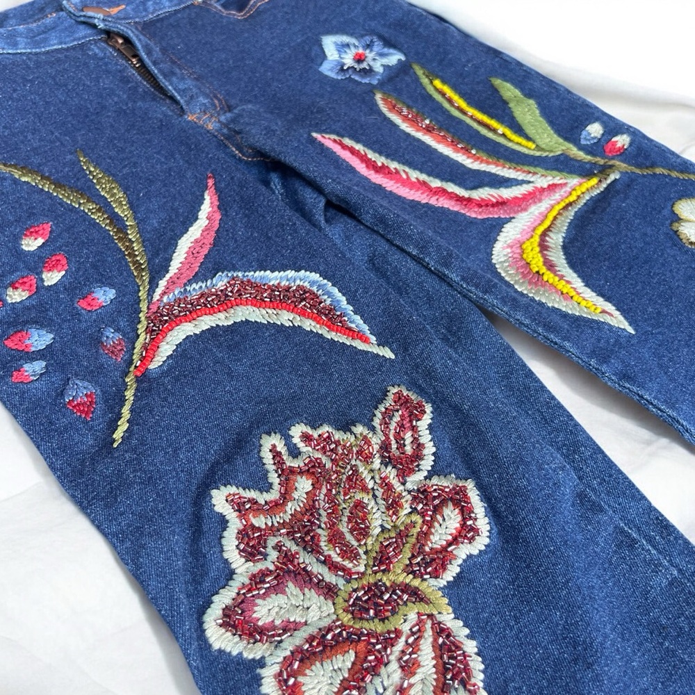 Mandalay Floral Embroidered Dark Wash Low Rise Flare Jeans